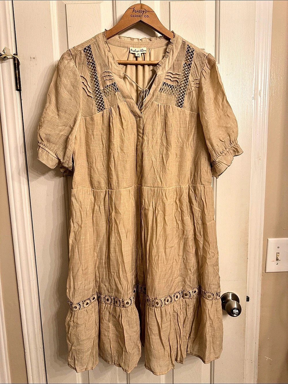 Indigo Rose Tiered Embroidered Mini Dress in Beige Size 2X NWT